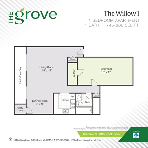 Floor plan for 1 bed, 1 bath, 866 sqft